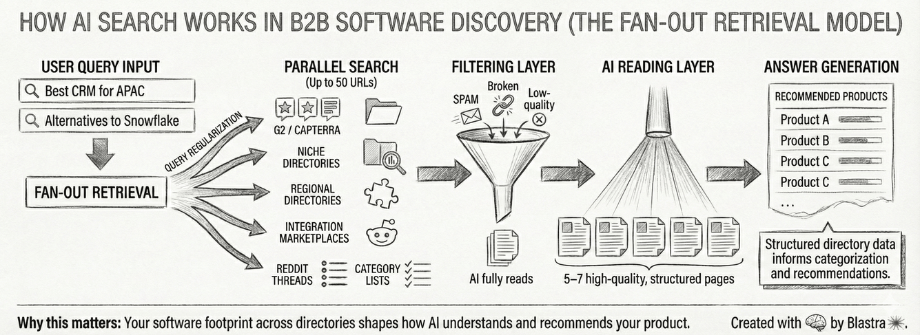 AI systems analyzing structured directory data to determine software recommendations