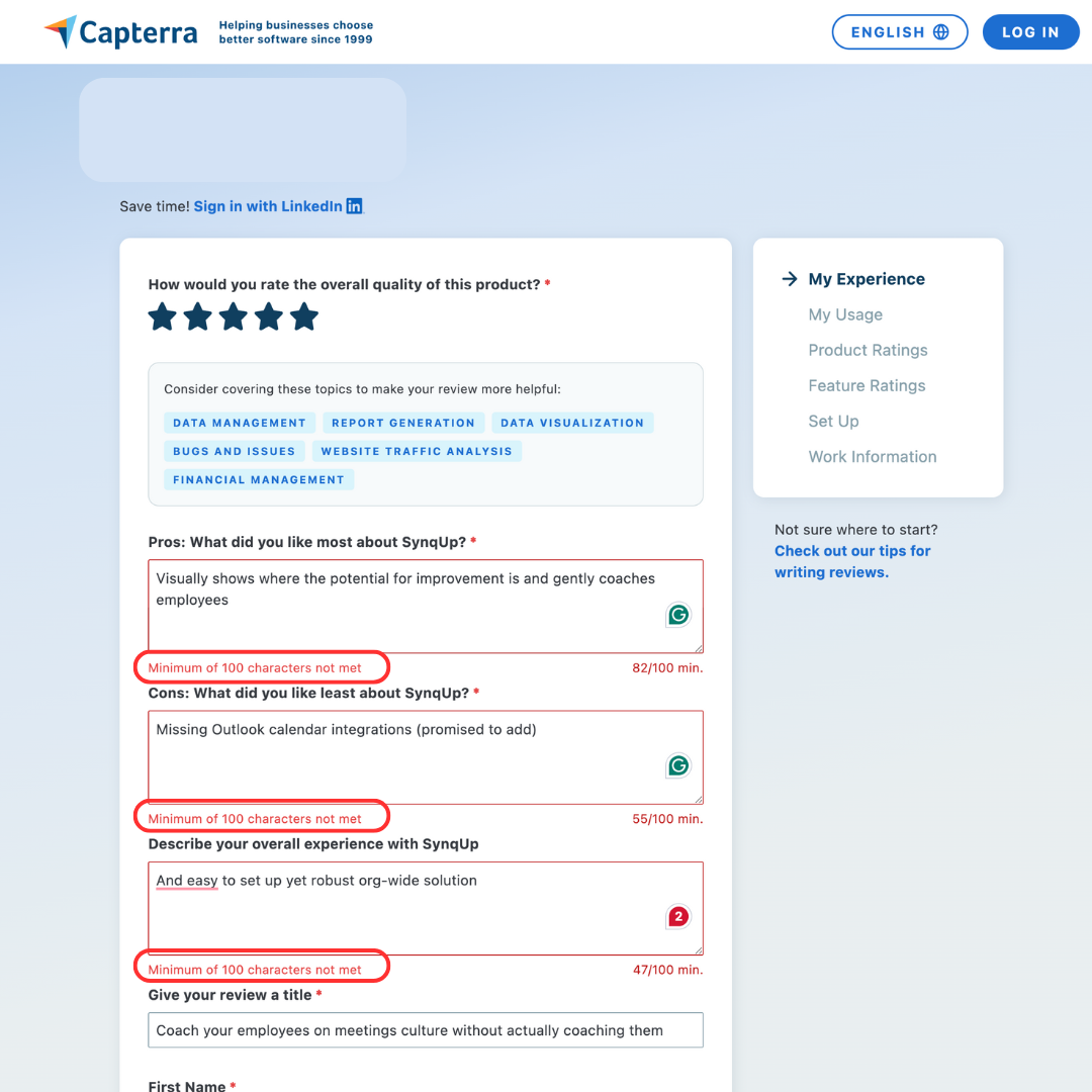 Capterra Review Form with detailed feedback sections