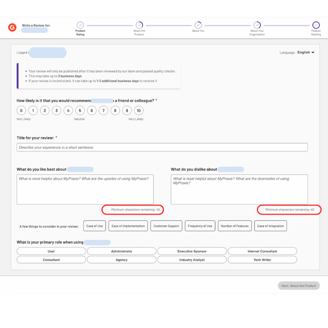 G2 Review Form showing rating interface and review fields