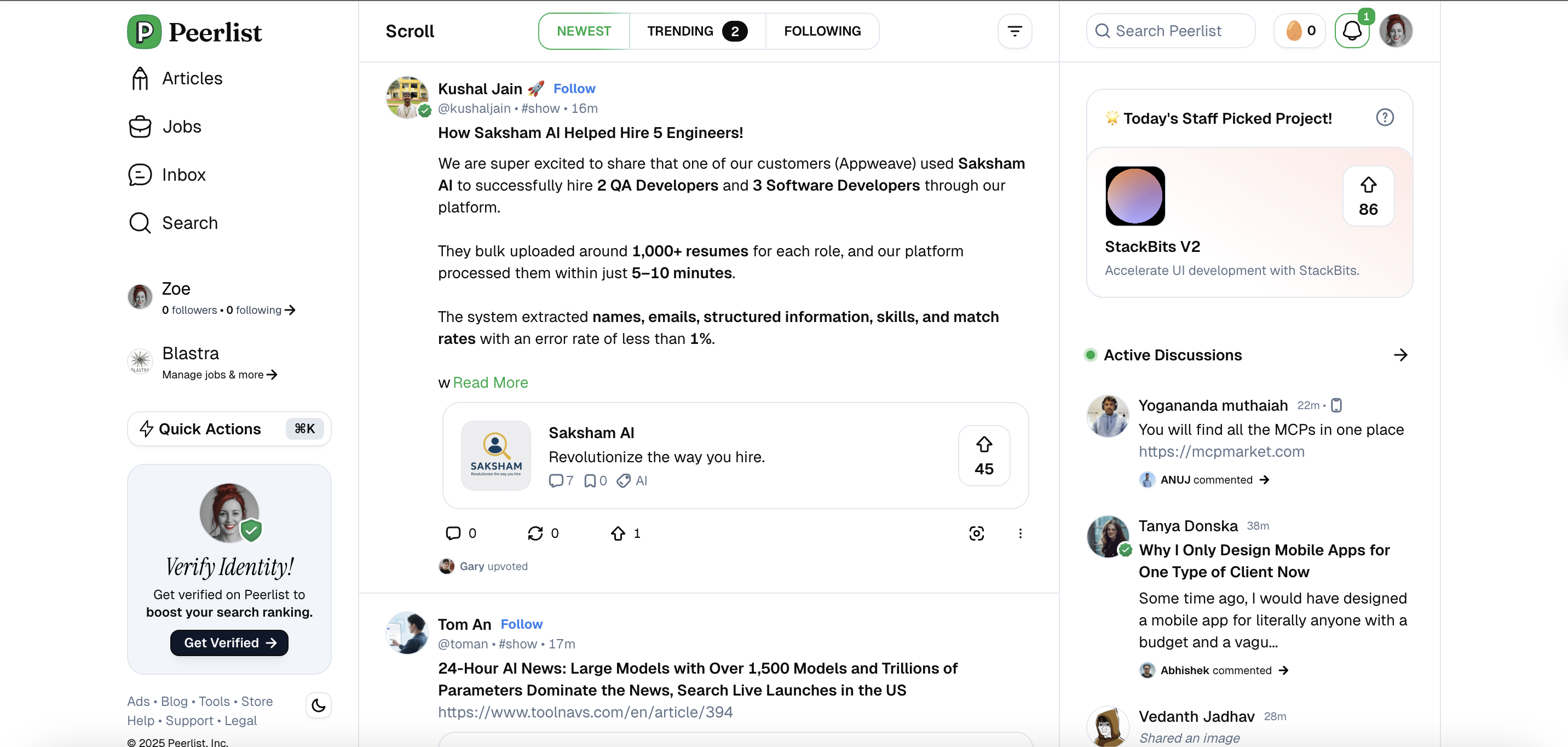 Peerlist platform interface showcasing developer profiles and project listings
