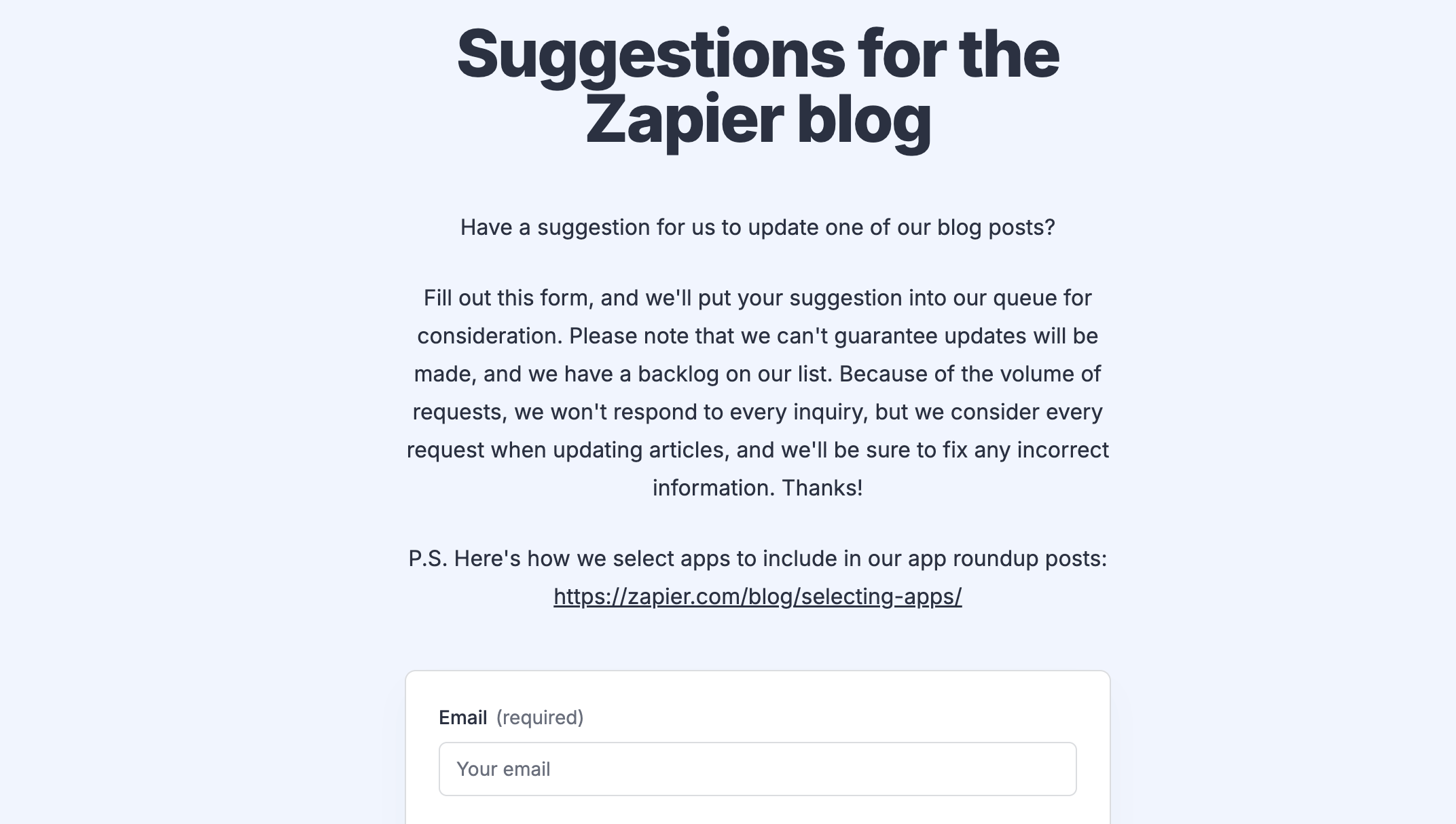 Zapier blog suggestions form interface