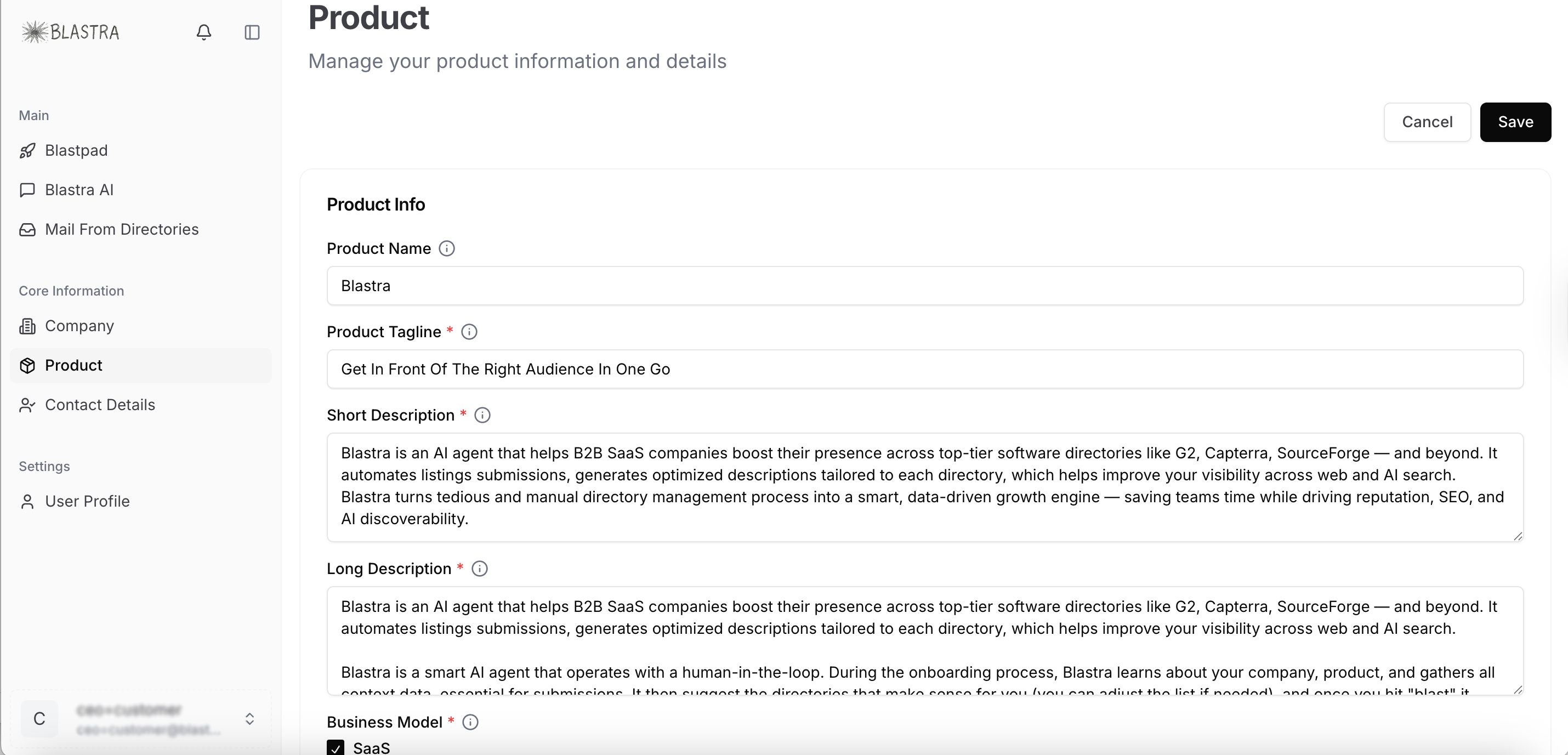 Blastra submission interface