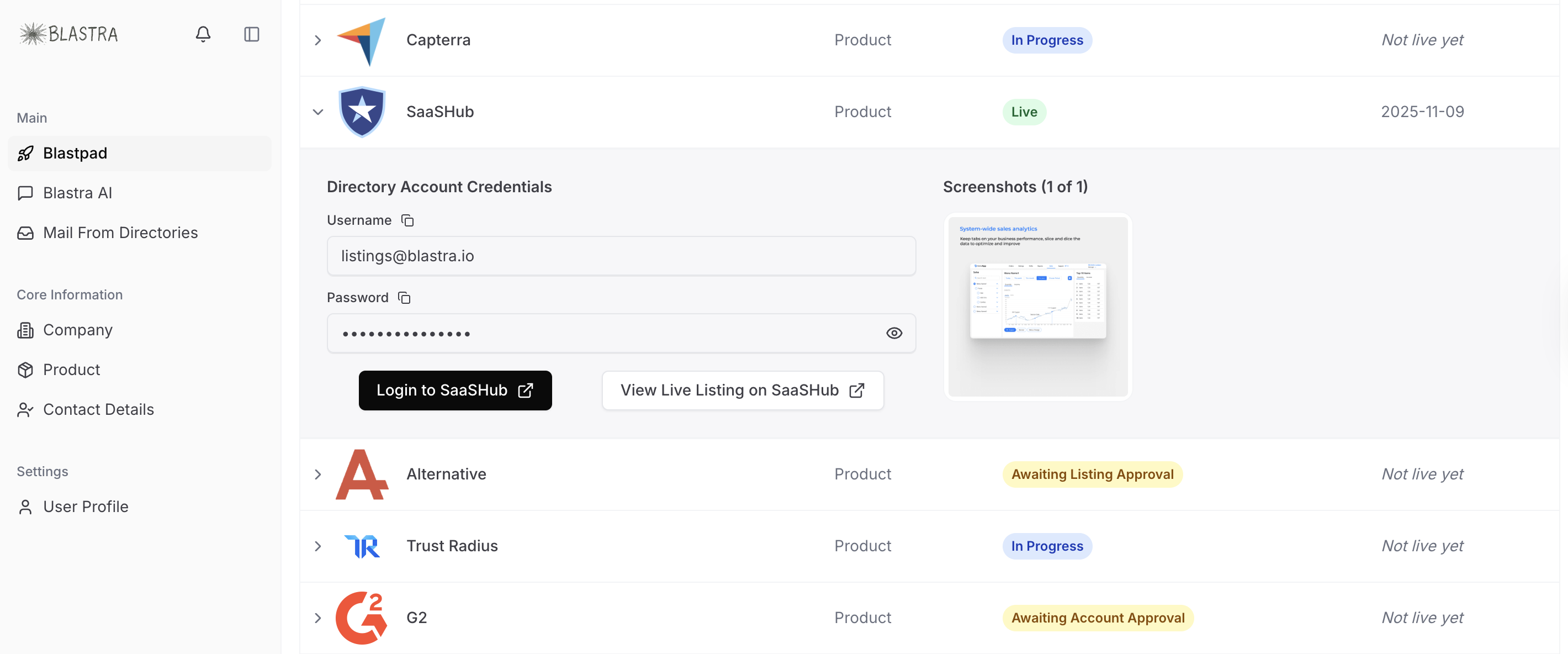 Blastra listings dashboard