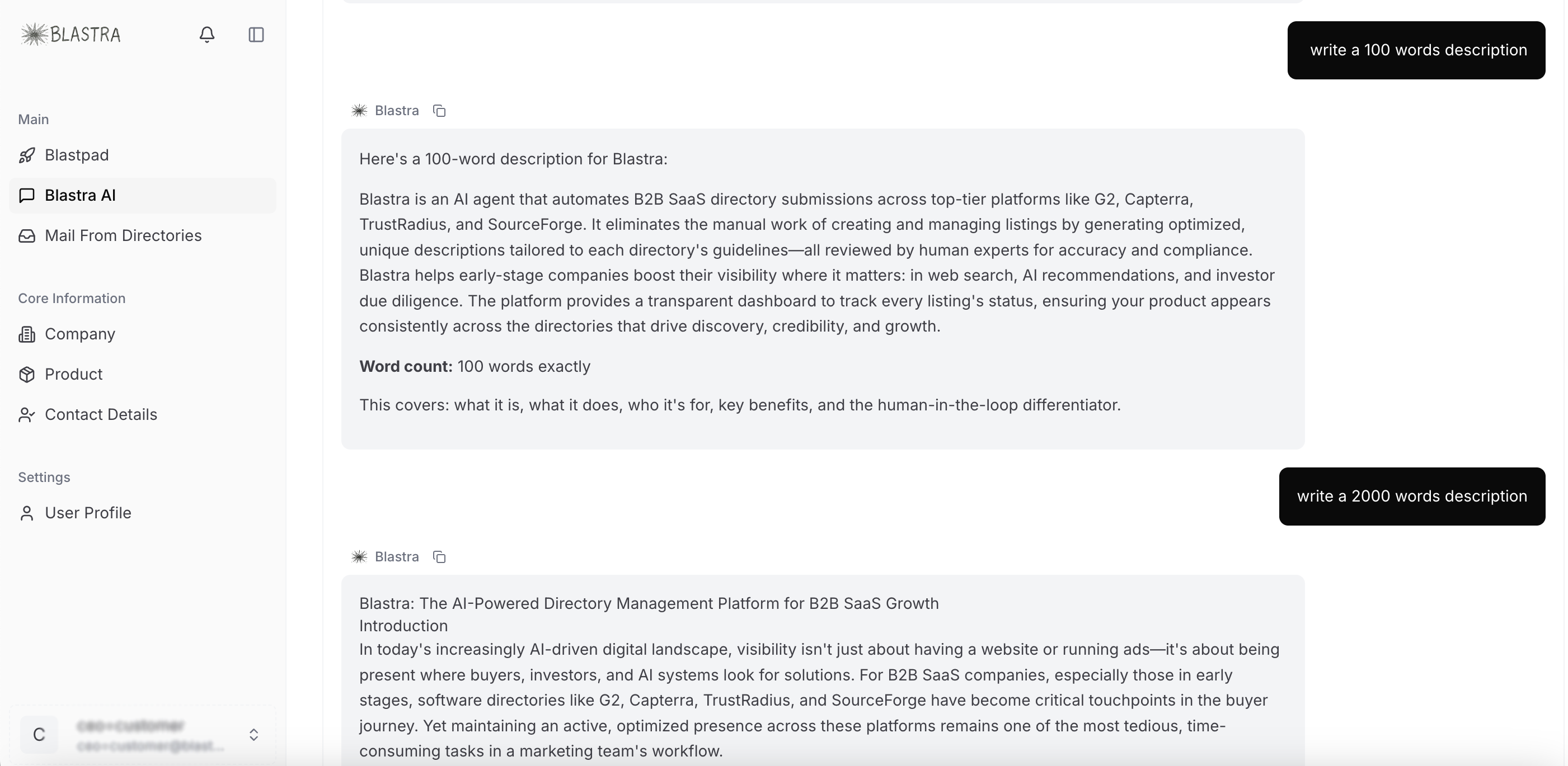 Blastra AI writer interface